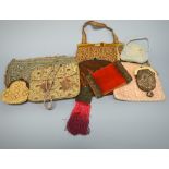 A COLLECTION OF BAGS AND POUCHES, to include a velvet box bag with tassle, containing matches and