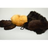 A SMALL COLLECTION OF ACCESSORIES, to include three fur hats, a fur head band and a feather shawl