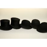 FIVE HATS, to include three bowler hats and two silk top hats (5)