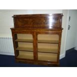 A 19TH CENTURY WALNUT GLAZED TWO DOOR BOOKCASE/DISPLAY CABINET, the raised back with shelf supported