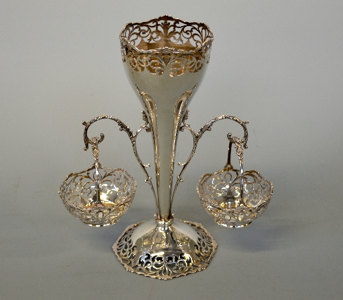 A SILVER EPERGNE, with two silver hanging baskets, maker Josiah Williams & Co, London 1918, height