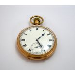 A 9CT GOLD OPEN FACED POCKET WATCH, white enamel with subsidiary dial, dust cover also marked 9ct
