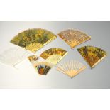 A COLLECTION OF SEVEN PAINTED FABRIC AND LACE DESIGNED FANS, PWS Algane printed fabric