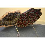 TWO LADIES UMBRELLAS, one with tartan ground and lace overlay and trim to top, one with chintz