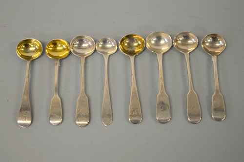 SEVEN SILVER EXETER CONDIMENT SPOONS, including 1870, 1840, 1851, 1828, together with John Irish