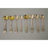 SEVEN SILVER EXETER CONDIMENT SPOONS, including 1870, 1840, 1851, 1828, together with John Irish