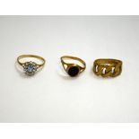 THREE 9CT GOLD RINGS, to include a gem set cluster, hallmarks for Birmingham (sd)