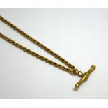 A 9CT GOLD T BAR NECKLACE, with fancy link chain and T bar detail, hallmarks for London, length