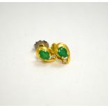 A PAIR OF EMERALD EARRINGS, designed as oval emeralds with single cut diamond detail