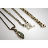 THREE ITEMS OF JEWELLERY, to include two necklaces and one fancy link bracelet, one with silver
