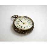 A BOXED CONTINENTAL SILVER FOB WATCH, with finely engraved case, stamped 0.935