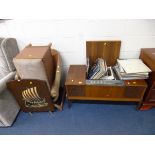 AN HMV RADIOGRAM, with a quantity of records, wicker bedroom chair, basket etc
