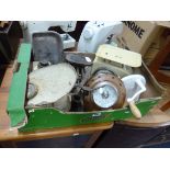A BOX OF SCALES, and kitchenalia