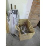 TWO CROQUET MALLETS, basket and a box of glassware etc