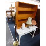 A PAINTED EDWARDIAN SIDE TABLE, bookcase, three tables lamps and a standard lamp (6)