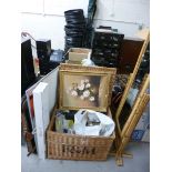 A QUANTITY OF MISCELLANEOUS, including a wicker basket with contents, a bamboo cheval mirror etc