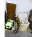 A BOXED STEAM GUITAR CASE, various pictures, wicker basket with lamps, etc