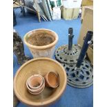 TWO PARASOL BASES, and six plant pots