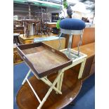 A METAL NEST OF TWO TABLES, butlers tray with stand and a stool (4)