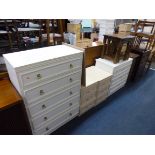 A TALL MODERN CHEST, of five drawers, a pair of bedside drawers, a three drawer chest and an oak