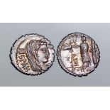 A. Postumius A. f. Sp. n. Albinus AR Serrate Denarius