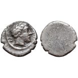 Etruria, Populonia AR 5 Asses. 3rd century BC. Male head right, > behind / Blank. EC I, 90.23 (O7,