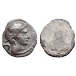 Etruria, Populonia AR 5 Asses. 3rd century BC. Head of Turms right, wearing winged petasos, › behind