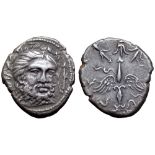 Etruria, Populonia AR 20 Asses. 3rd century BC. Bearded head of Tinia facing three-quarters right,