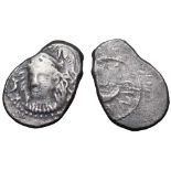 Etruria, Populonia AR 20 Asses. 3rd century BC. Head of Menvra facing three-quarter left, wearing