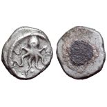 Etruria, Populonia (or Pisae) AR Diobol. Early 5th century BC. Octopus, linear border / Blank. EC I,