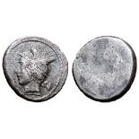 Etruria, Populonia AR Drachm of 5 Units. 4th century BC. Head of Turms left, wearing winged petasos,