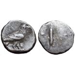 Etruria, Populonia AR Unit. Eagle with closed wings standing right / I. Unpublished in the