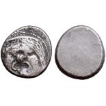 Etruria, Populonia AR 20 Asses. 3rd century BC. Facing head of Metus, tongue protruding, hair