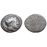 Etruria, Populonia AR 5 Asses. 3rd century BC. Male head right, > behind / Blank. EC I, 90.34 (