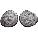 Etruria, Populonia AR 20 Asses. 3rd century BC. Facing head of Metus, tongue protruding, hair