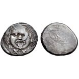 Etruria, Populonia AR 20 Asses. 3rd century BC. Facing head of Metus, tongue protruding, hair