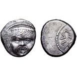 Etruria, Populonia AR 20 Asses. 3rd century BC. Facing head of Metus, tongue protruding, hair