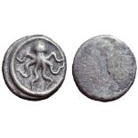 Etruria, Populonia (or Pisae) AR Diobol. Early 5th century BC. Octopus, linear border / Blank. EC I,