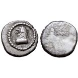 Etruria, Populonia AR Drachm. Early 5th century BC. Head and neck of roaring lion to left, with