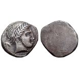 Etruria, Luca (?) AR 5 Units. Circa 325-300 BC. Laureate young male head right, Λ behind, dotted