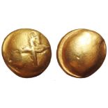 Gaul, Senones AV Stater. Circa 100-60 BC. Gallo-Belgic Bullet Type. Small cross (with an axe