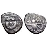 Etruria, Populonia AR 20 Asses. 3rd century BC. Facing head of Metus, tongue protruding, hair