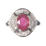 18 CT WHITE GOLD RUBY & DIAMOND CLUSTER RING