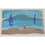 Markey Robinson - WATCHING THE BOATS - Gouache on Board - 4 x 7 inches - Signed