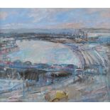 Robert Bottom, RUA - VIEW OF QUEEN ELIZABETH II BRIDGE, BELFAST - Oil on Board - 20 x 24 inches -