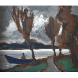 Markey Robinson - BOAT ON THE LAKE - Gouache on Board - 10 x 12 inches - Unsigned