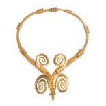 HEAVY INTRICATE 18 CT GOLD RAMS HEAD NECKLACE WITH BEADWORK DETAILING & RUBY EYES