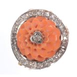 18 CT GOLD CARVED CORAL & DIAMOND RING