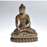 Chinese Gilt Bronze Seated Figure of the Medicine Buddha, Bhaishajyaguru on a Double Lotus Base