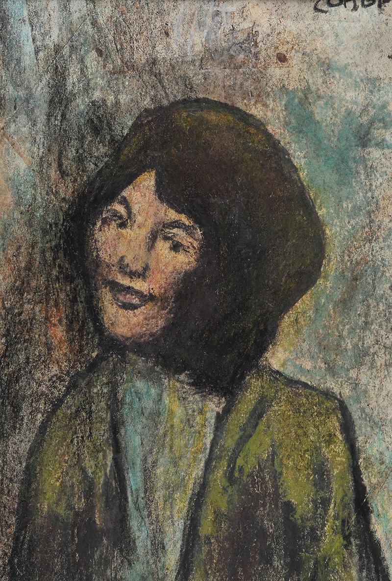 William Conor, RHA RUA - GIRL IN THE GREEN COAT - Wax Crayon on Paper - 10 x 7 inches - Signed - Image 2 of 2